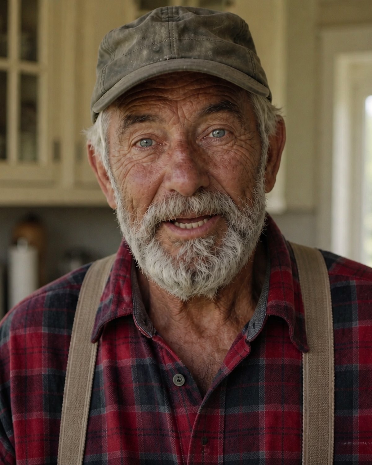 Amos Barlow, co-author of The Barlow Almanac, in a work cap and plaid shirt, arms crossed